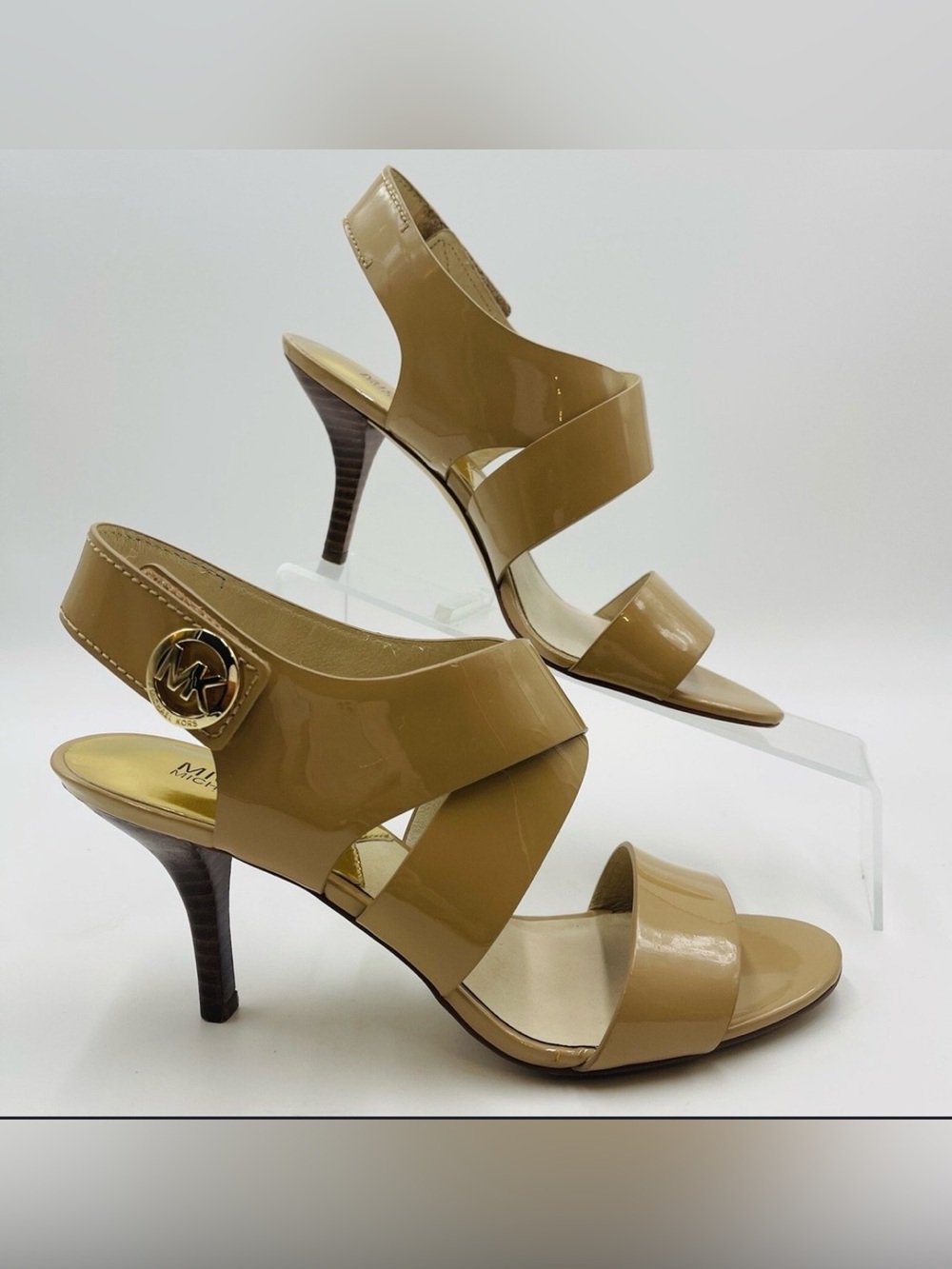 Michael Kors Tan Patent Leather Open-Toe Strappy Heels
